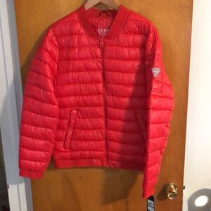 Red Puffer Jacket Mens Large Guess